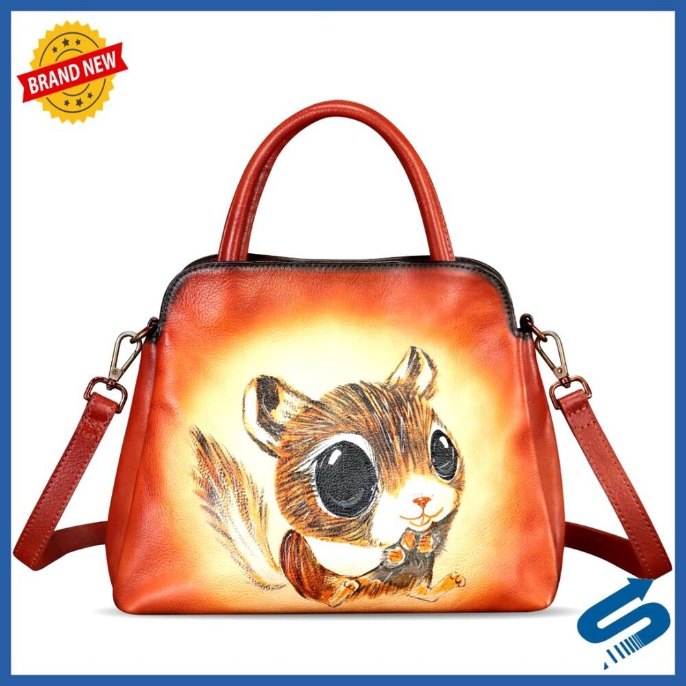 Genuine Leather Satchel Handbag Hand Painted Crossbody Purse Top Handle